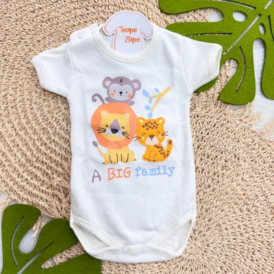 Kit 3 Peças - Bodys Manga Curta Wild Boy - Off White e Azul Jeans, Off White e Mostarda